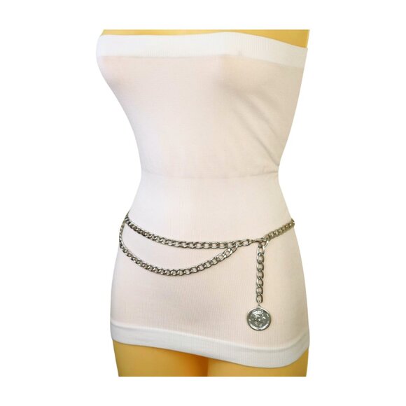 Women Silver Metal Chain Link Belt Hip High Waist Medallion Coin Charm M L XL main image 12